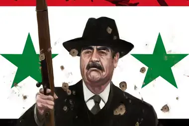 An illustration of Saddam Hussein and greens stars is punctured with bullet holes.