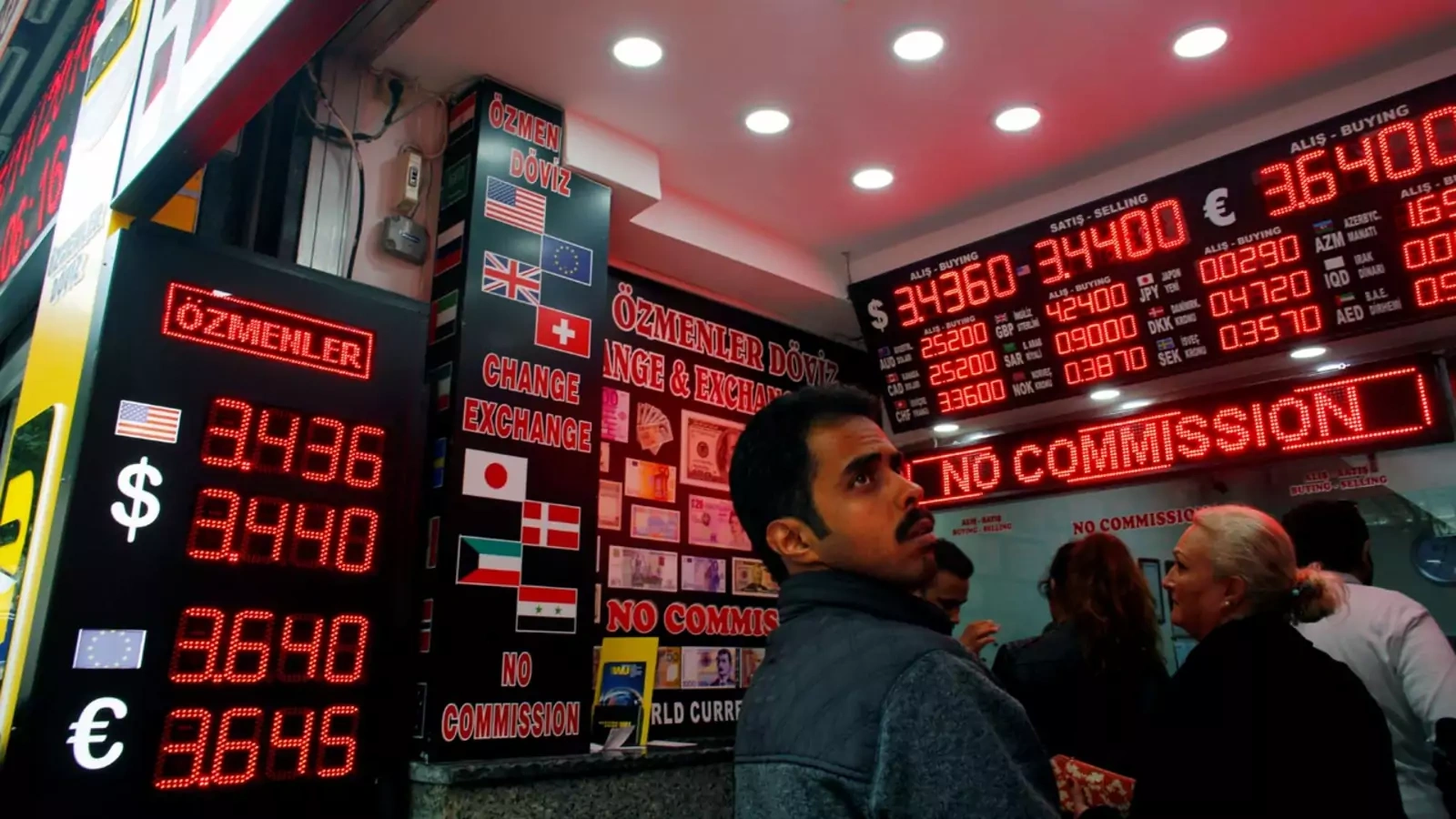 Exchange rates on display at a currency exchange office in Istanbul, Turkey.