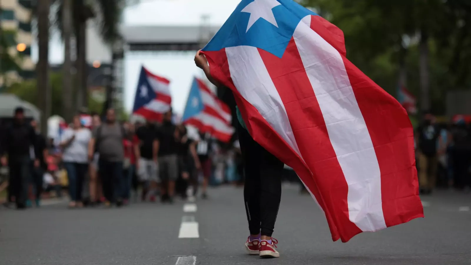 A protester carries a Puerto Rican flag during a rally opposing the government's austerity measures.
