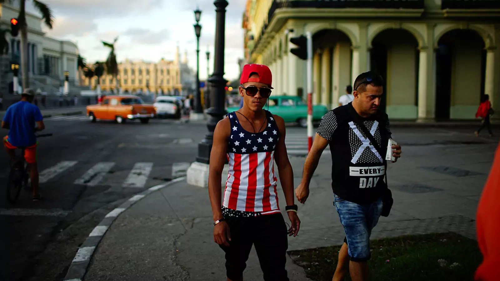 A man wearing the U.S. colors walks in Havana. 