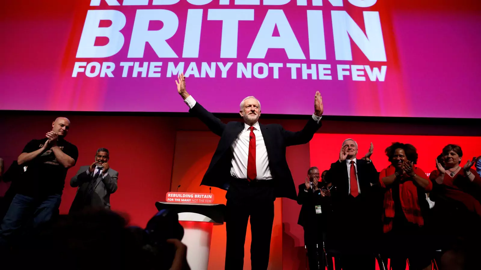 Britain's Labour Party leader Jeremy Corbyn acknowledges the audience's applause after he delivered his keynote speech at the Labour Party Conference.