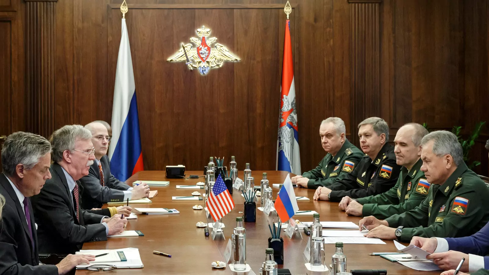 Delegations, led by Russia's Defence Minister Sergei Shoigu (R) and U.S. National Security Adviser John Bolton (2nd L), meet in Moscow, Russia October 23, 2018.