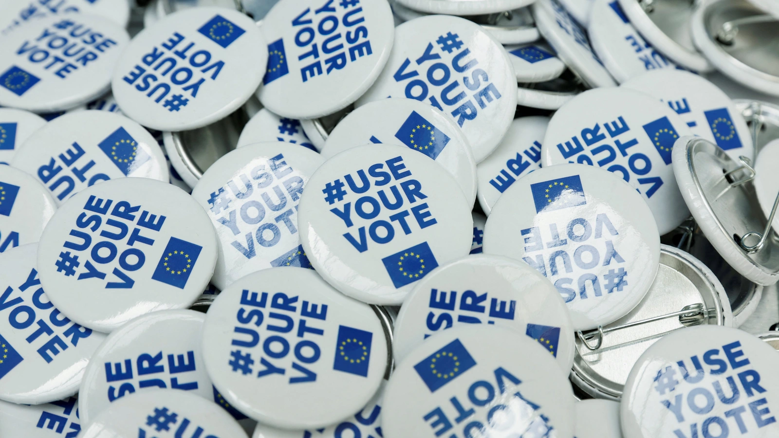 Pin badges encouraging people to vote in June's European Parliament elections are placed at the Malta office information stand during a conference at the European Parliament, in Rabat, Malta May 22, 2024.