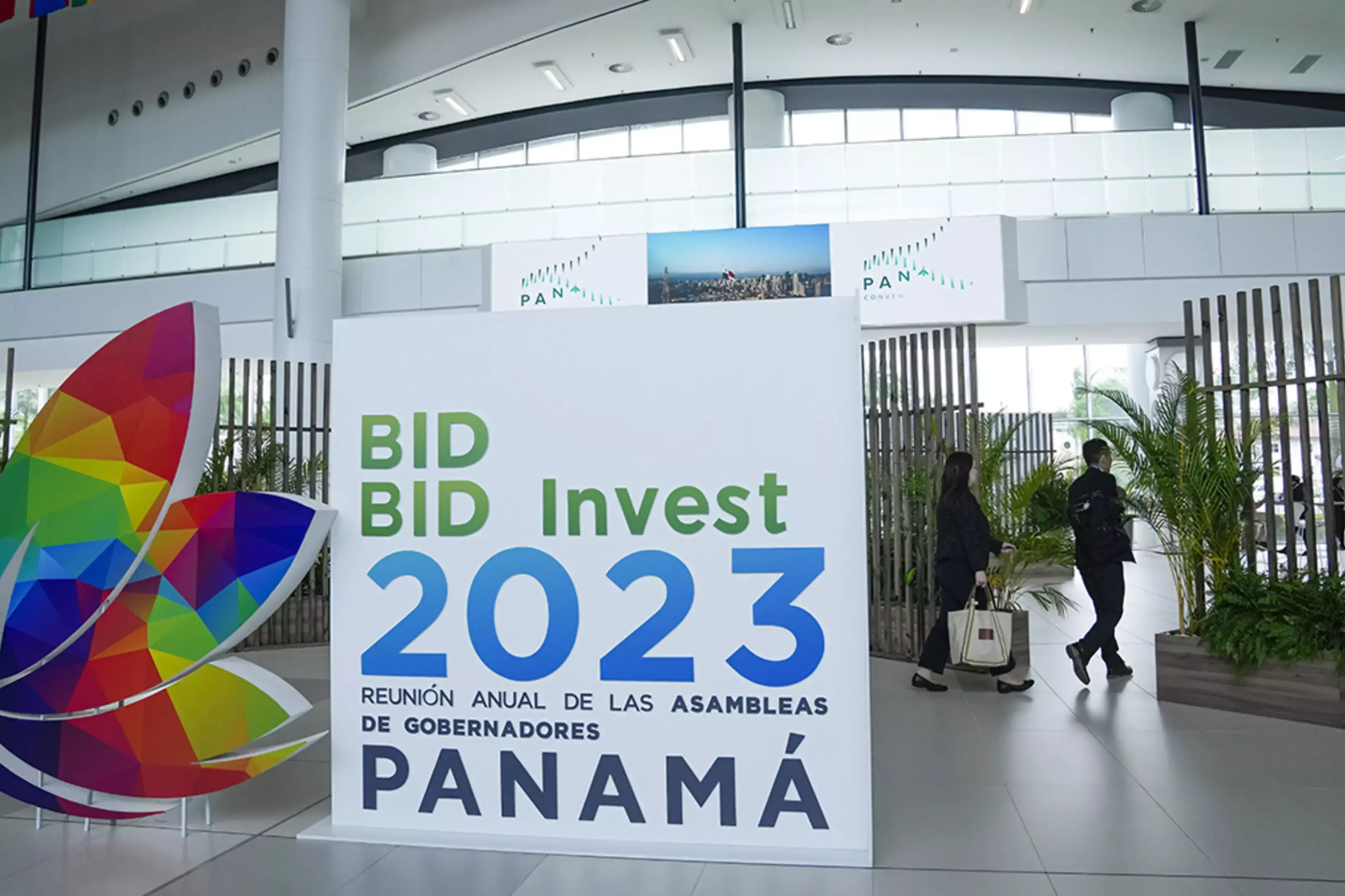 A sign promotes the IDB Board of Governors meeting in Panama City, Panama, in March 2023.