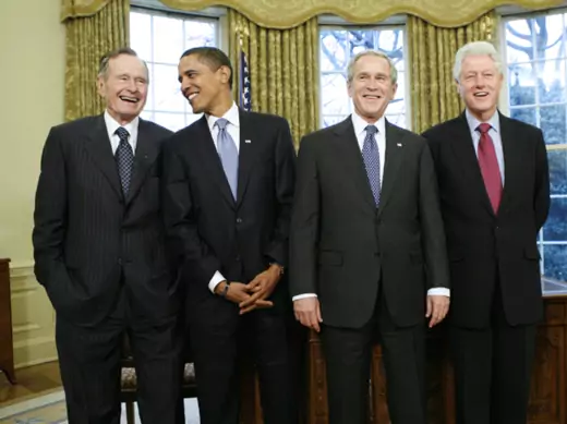 President George W. Bush meets with former Presidents and President-elect Obama in the Oval Office of the White House in Washington, January 2009. (Kevin Lamarque/courtesy Reuters)