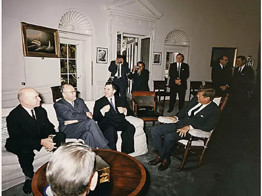 President John F. Kennedy and Soviet minister of foreign affairs Andrei Gromyko meet in the Oval Office on October 18, 1962.  Seated from left to right, Soviet deputy minister Vladimir S. Seyemenov, Soviet ambassador to the United States Anatoly F. Dobrynin, Gromyko, and Kennedy.  (Robert Knudson White House Photographs, National Archives, John F. Kennedy Presidential Library and Museum, Boston, Massachusetts)