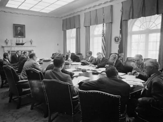 President John F. Kennedy meets with members of the Executive Committee of the National Security Council (ExCom) regarding the crisis in Cuba on October 29, 1962.  (Cecil Stoughton. White House Photographs. John F. Kennedy Presidential Library and Museum, Boston)