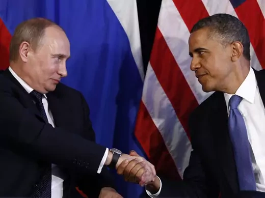 Russian president Vladimir Putin shakes hands with U.S. president Barack Obama during the G20 summit in June 2012 (Jason Reed/Courtesy Reuters).