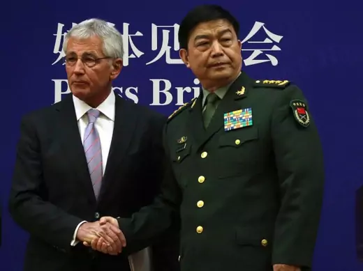 U.S. Secretary of Defense Chuck Hagel (L) shakes hands with Chinese Minister of Defense Chang Wanquan at the end of a joint news conference at the Chinese Defense Ministry headquarters in Beijing on April 8, 2014. (Alex Wong/Courtesy Reuters)