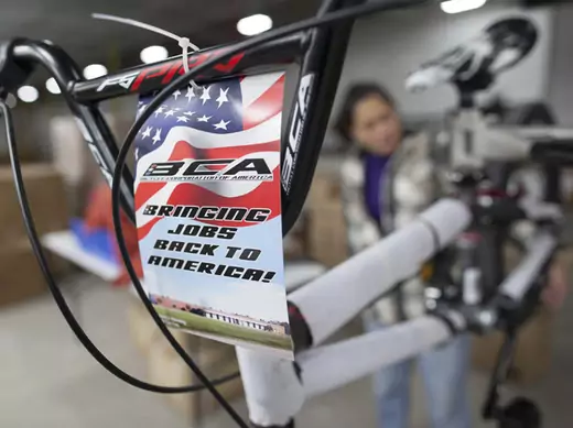 A patriotic label is affixed to the handlebars of each bike at the new Bicycle Corporation of America plant in Manning, South Carolina, November 19, 2014 (Randall Hill/Courtesy Reuters).