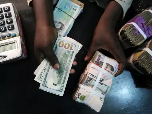 A trader changes dollars for Naira at a currency exchange store in Lagos, February 12, 2015.