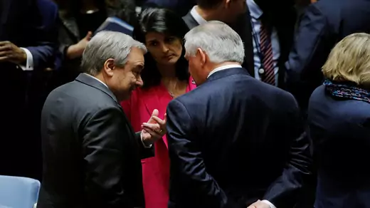 U.S. Secretary of State Rex Tillerson speaks with UN Secretary General Antonio Guterres and U.S. Ambassador to the United Nations Nikki Haley following a Security Council meeting at the United Nations in New York on April 28, 2017.