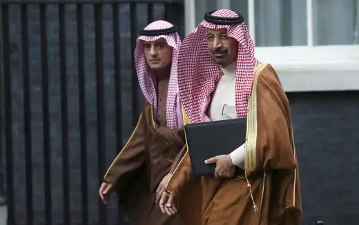 Saudi Arabia' oil minister and chairman of Saudi Aramco Khalid A. Al-Falih arrives as Crown Prince Mohammad bin Salman meets Britain's Prime Minister Theresa May in Downing Street in London, March 7, 2018. 