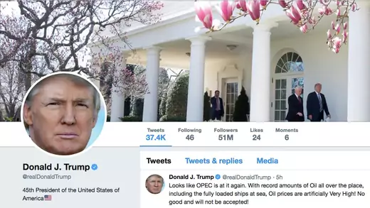 The masthead of U.S. President Donald Trump's @realDonaldTrump Twitter account with a message about OPEC policy is seen on April 20, 2018. 