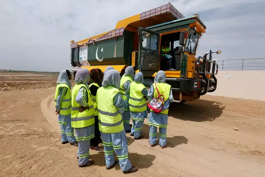 Women trainees during a Female Dump Truck Driver Programme training session held by the Sindh Engro Coal Mining Company (SECMC), in Tharparkar, Pakistan. September 21, 2017. 