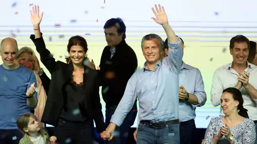 Argentina's President Macri, Fisrt Lady Awada and their daughter celebrate at their campaign headquarters...
