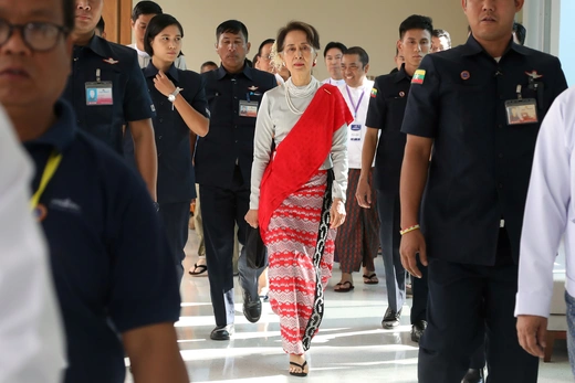 Myanmar's State Counsellor Aung San Suu Kyi arrives at the Rakhine State Investment Fair at Ngapali beach in Thandwe, Rakhine, Myanmar on February 22, 2019.