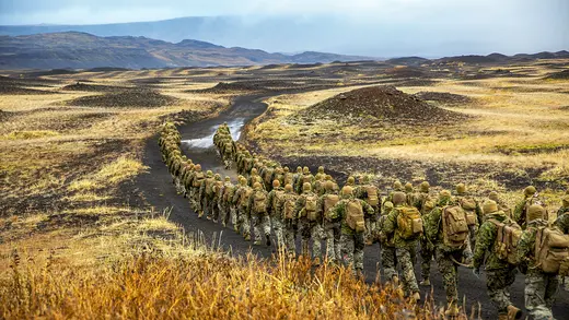 U.S. Marines hike to a cold-weather training site in Iceland, Oct. 19, 2018.