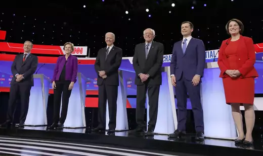 The top six Democratic presidential challengers take the stage at the January 14 debate in Des Moines, Iowa. 