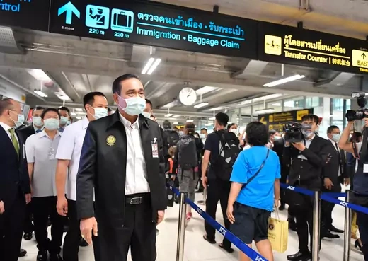 Thailand's Prime Minister Prayuth Chan-ocha wearing a protective mask is seen during a visit at the arrival hall at the Bangkok's Suvarnabhumi International airport in Thailand, on January 29, 2020.