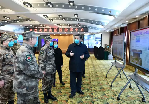 Chinese President Xi Jinping learns about the hospital's operations, treatment of patients, protection for medical workers and scientific research at the Huoshenshan Hospital in Wuhan, the epicenter of the novel coronavirus outbreak, Hubei province, China on March 10, 2020.