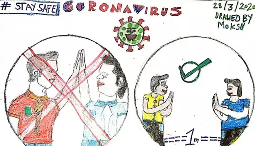 A child's poster for coronavirus in india, showing correct social distancing