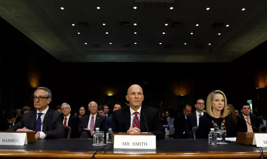 Equifax Interim CEO Paulino Barros (L), former Equifax CEO Richard Smith (C) and former Yahoo Chief Executive Marissa Mayer testify before a Senate Commerce, Science and Transportation hearing.