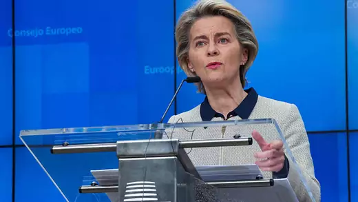 European Commission President Ursula von der Leyen speaks during a news conference