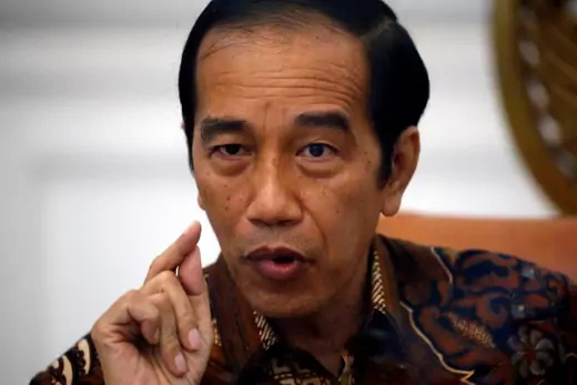 Indonesian President Joko Widodo gestures during an interview with Reuters at the presidential palace in Jakarta, Indonesia, on November 13, 2020.
