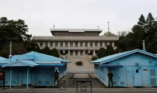 A general view of Panmunjom is seen ahead of a ceremony to mark the first anniversary of the Panmunjon declaration between North and South Korean leaders, on April 27, 2019.