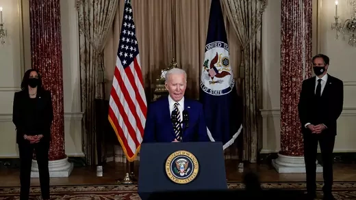 President Joe Biden delivers a foreign policy address as Vice President Kamala Harris and Secretary of State Antony Blinken listen