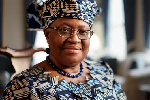 A picture of Ngozi Okonjo-Iweala, the incoming head of the WTO. She is wearing traditional dress of the Igbo ethnic group from present-day Nigeria.