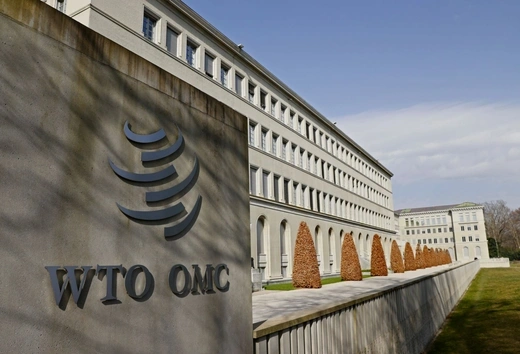 The WTO logo is pictured on the World Trade Organization headquarters in Geneva, Switzerland on March 4, 2021. 