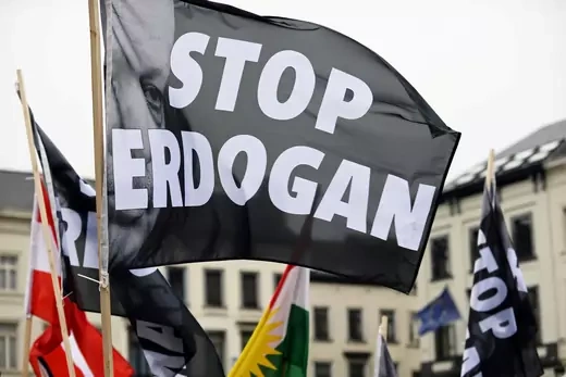 People protest against Turkish President Tayyip Erdogan outside the European Parliament in Brussels