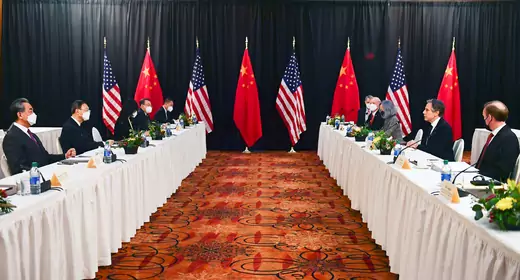 U.S. Secretary of State Antony Blinken and U.S. National Security Advisor Jake Sullivan speak at the opening session of U.S.-China talks in Anchorage, Alaska, on March 18, 2021.