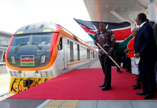 Kenyan President Uhuru Kenyatta stands at the Nairobi Terminus, which operated the Standard Gauge Railway line constructed by the China Road and Bridge Corporation and financed by the Chinese government, on October 16, 2019.