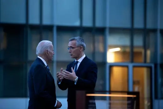 US President Joe Biden and NATO Secretary General Jens Stoltenberg (R) talk at a memorial for the September 11th terrorist attacks on the United States after a summit June 14, 2021, at NATO Headquarters in Brussels.