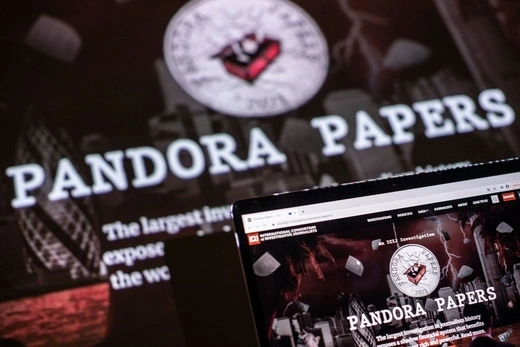 This photograph illustration shows the logo of Pandora Papers, in Lavau-sur-Loire, western France, on October 4, 2021.