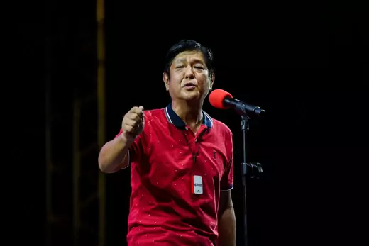 Philippine presidential candidate Ferdinand Marcos Jr., son of late dictator Ferdinand Marcos, gestures as he speaks during a campaign rally in Quezon City, Metro Manila, Philippines, on February 14, 2022.