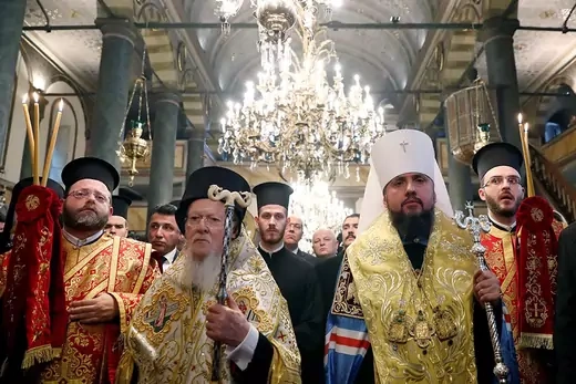 Ecumenical Patriarch Bartholomew and Metropolitan Epifaniy, head of the Orthodox Church of Ukraine, attend a ceremony marking the Ukrainian Orthodox Church’s independence.