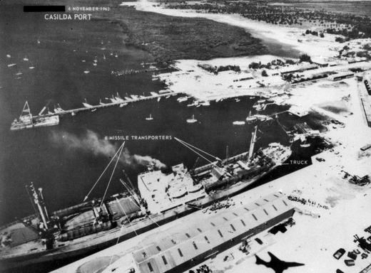 Aerial photo of Russian ship loaded with missiles in Port Casilda, Cuba, on November 6, 1962. 