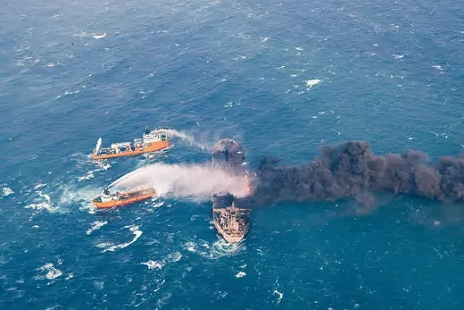 Rescue crews attempt to extinguish the fire on the Sanchi oil taker in the East China Sea.  