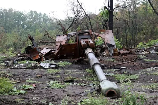 A view shows a Russian self-propelled howitzer destroyed during a counteroffensive operation 
