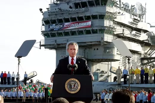 President Bush declares the end of major combat in Iraq as he speaks aboard the aircraft carrier USS Abraham Lincoln.