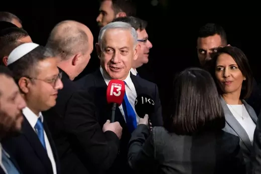 Israeli Prime Minister Benjamin Netanyahu speaks to the press after a traditional government group photo at the President's house on December 29, 2022 in Jerusalem, Israel.