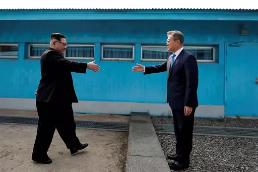 Kim and Moon meet in the demilitarized zone separating the two Koreas. 