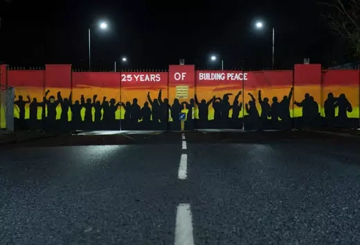 A new mural painted on to the so called Peace Wall gates that separates the catholic and protestant communities can be seen on April 3, 2023 in Belfast, Northern Ireland.