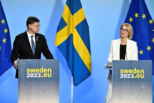 European Commission Executive Vice President Valdis Dombrovskis and Swedish Finance Minister Elisabeth Svantesson attend a news conference in Marsta