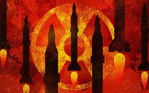 Animated graphic of several launched nuclear weapons.