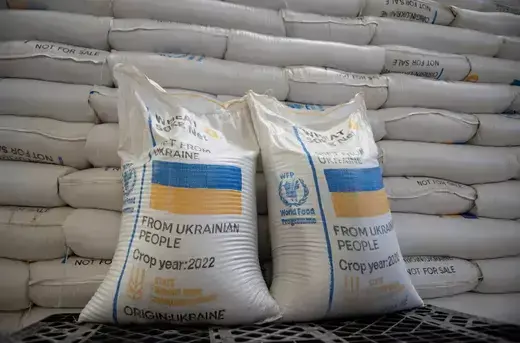 Sacks of wheat from Ukraine in a warehouse in Adama, Ethiopia on January 12, 2023.
